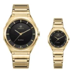 ست ساعت اورینتال مردانه و زنانه استیل طلایی صفحه مشکی مدلO.SH220G-0002