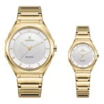 ست ساعت اورینتال زنانه ومردانه طلایی صفحه سیلور مدل O.SH210G-0001