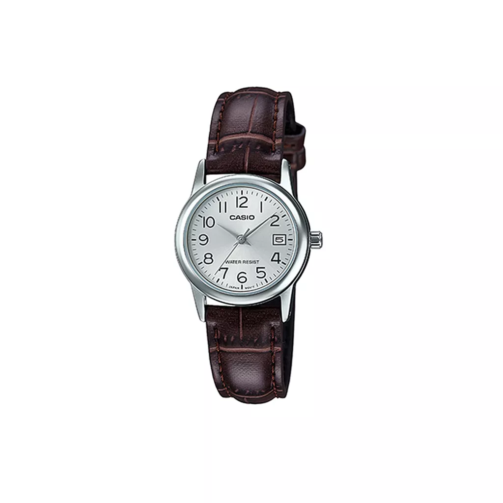 ساعت زنانه گرد بندچرم قهوه ای تیره کاسیو مدل CASIO-LTP-V002L-7B2